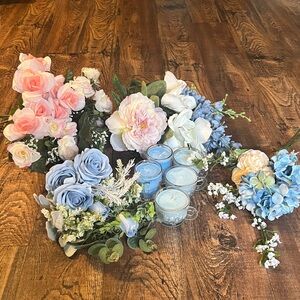 Floral Arrangement Pieces, Blue Candles Never Used.